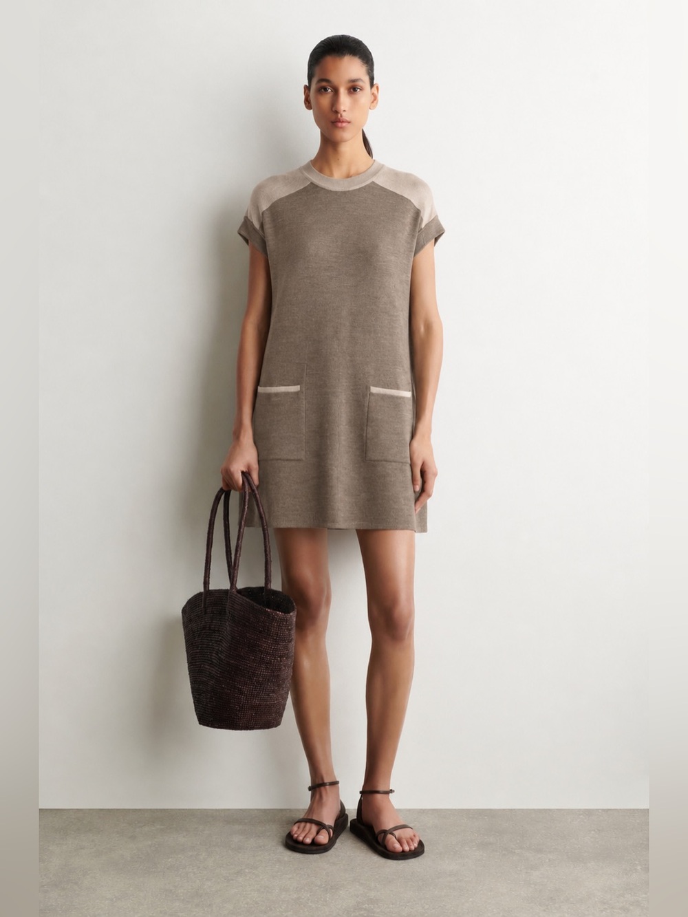 Love Moschino Wool Mid Length Dress Sweater Knit Short Sleeve Neutral 833